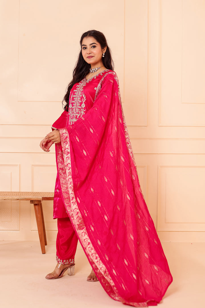 Fusia Pink Soft Shimmer Silk Straight Cut Kurta Set.