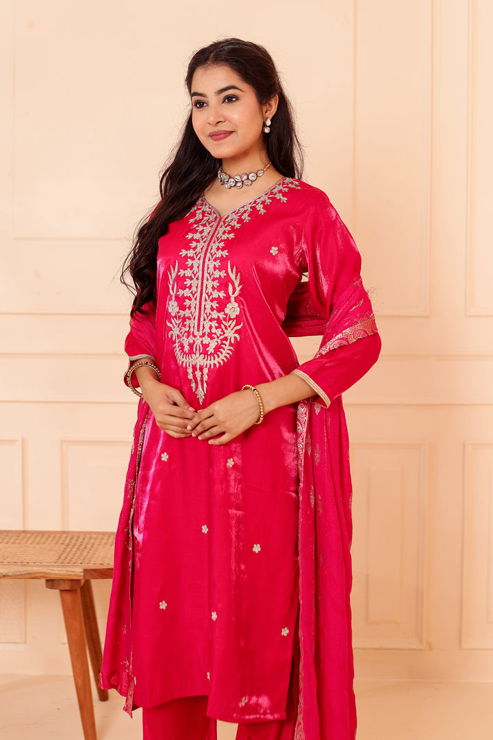 Fusia Pink Soft Shimmer Silk Straight Cut Kurta Set.