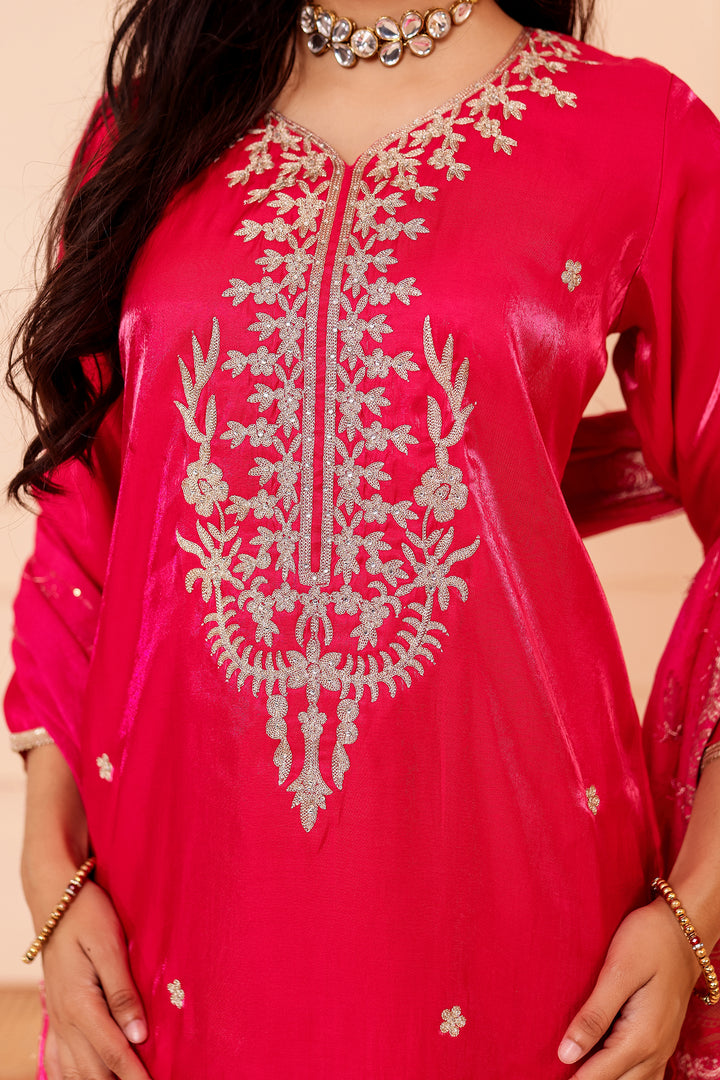 Fusia Pink Soft Shimmer Silk Straight Cut Kurta Set.