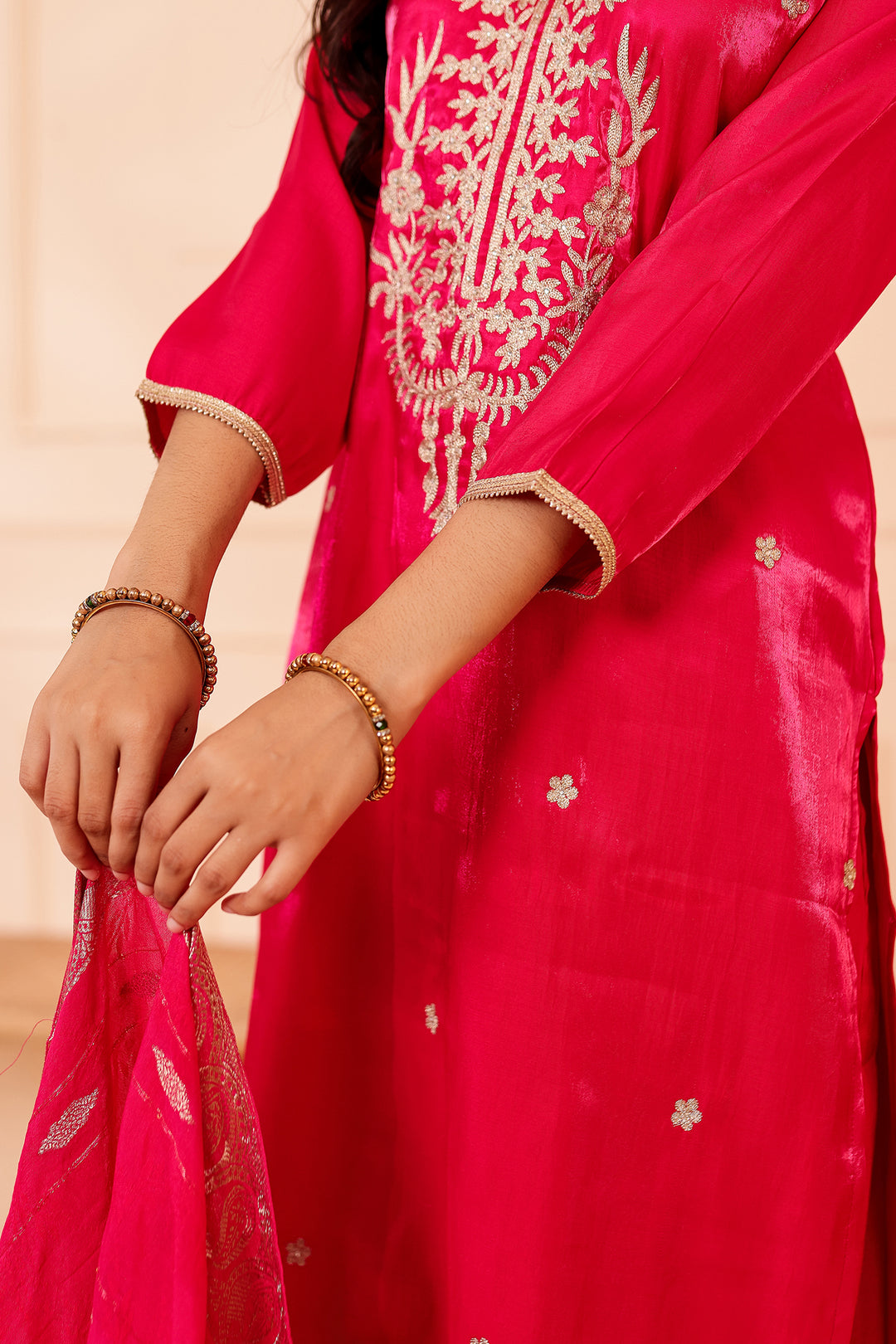 Fusia Pink Soft Shimmer Silk Straight Cut Kurta Set.