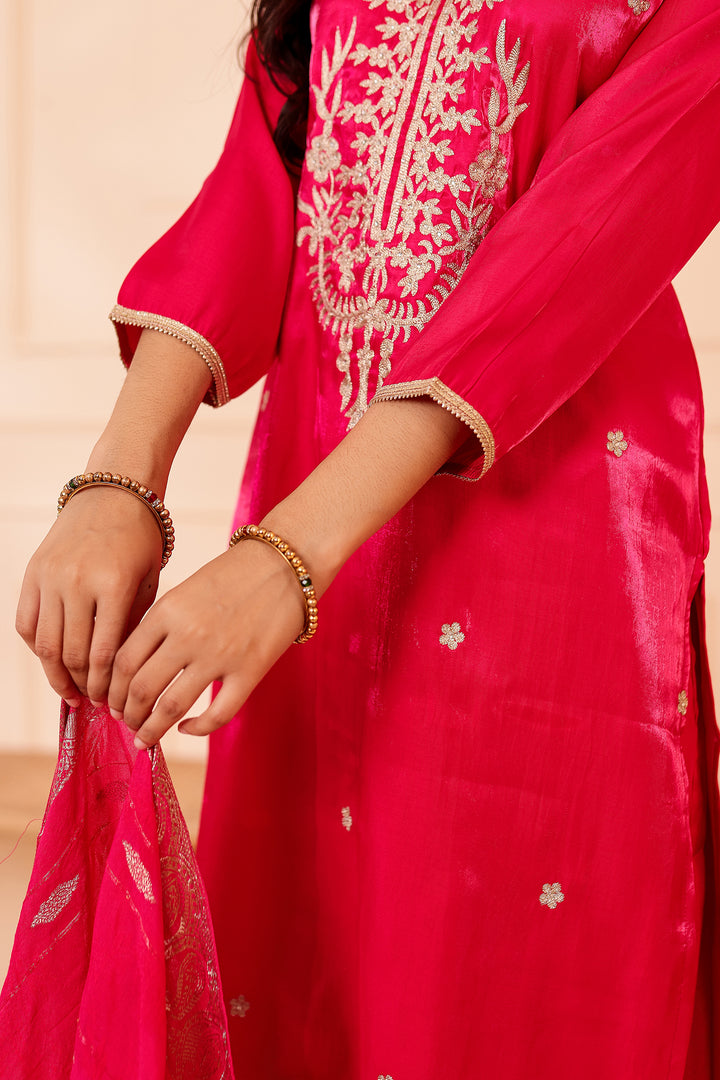 Fusia Pink Soft Shimmer Silk Straight Cut Kurta Set.