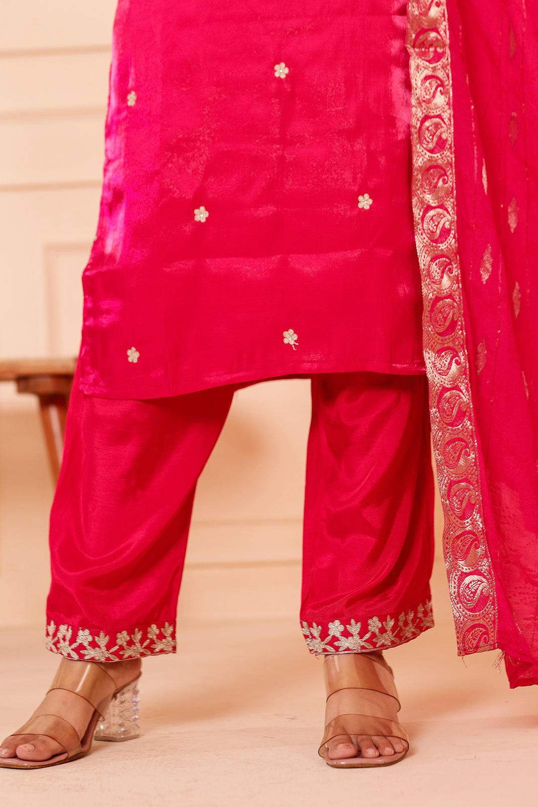 Fusia Pink Soft Shimmer Silk Straight Cut Kurta Set.