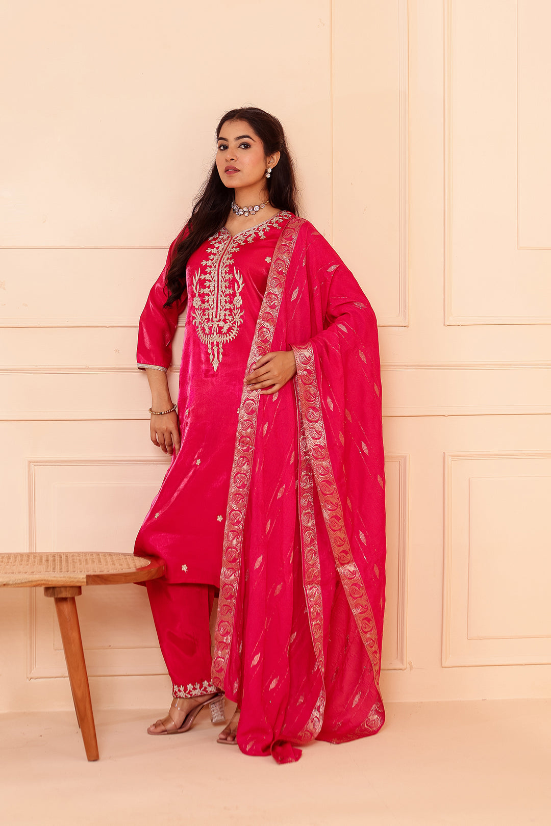 Fusia Pink Soft Shimmer Silk Straight Cut Kurta Set.