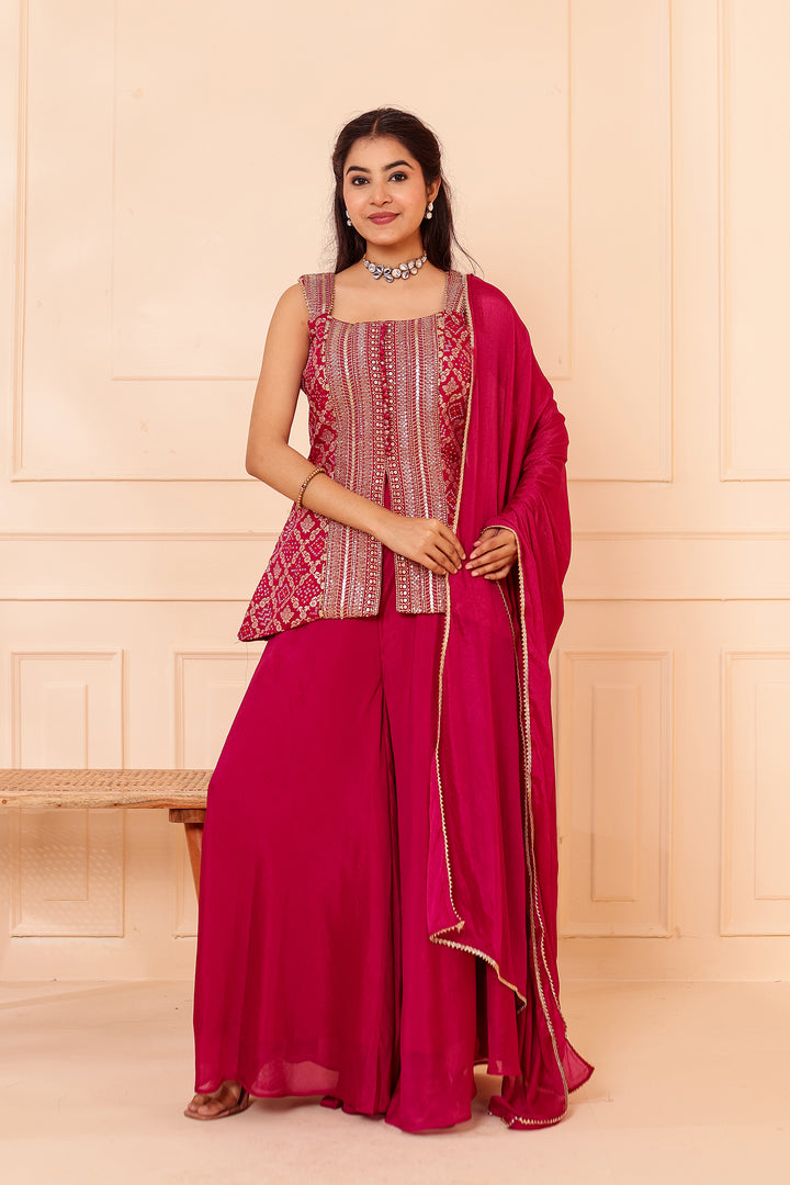 Magenta Bandhani Silk Palazzo Suit.