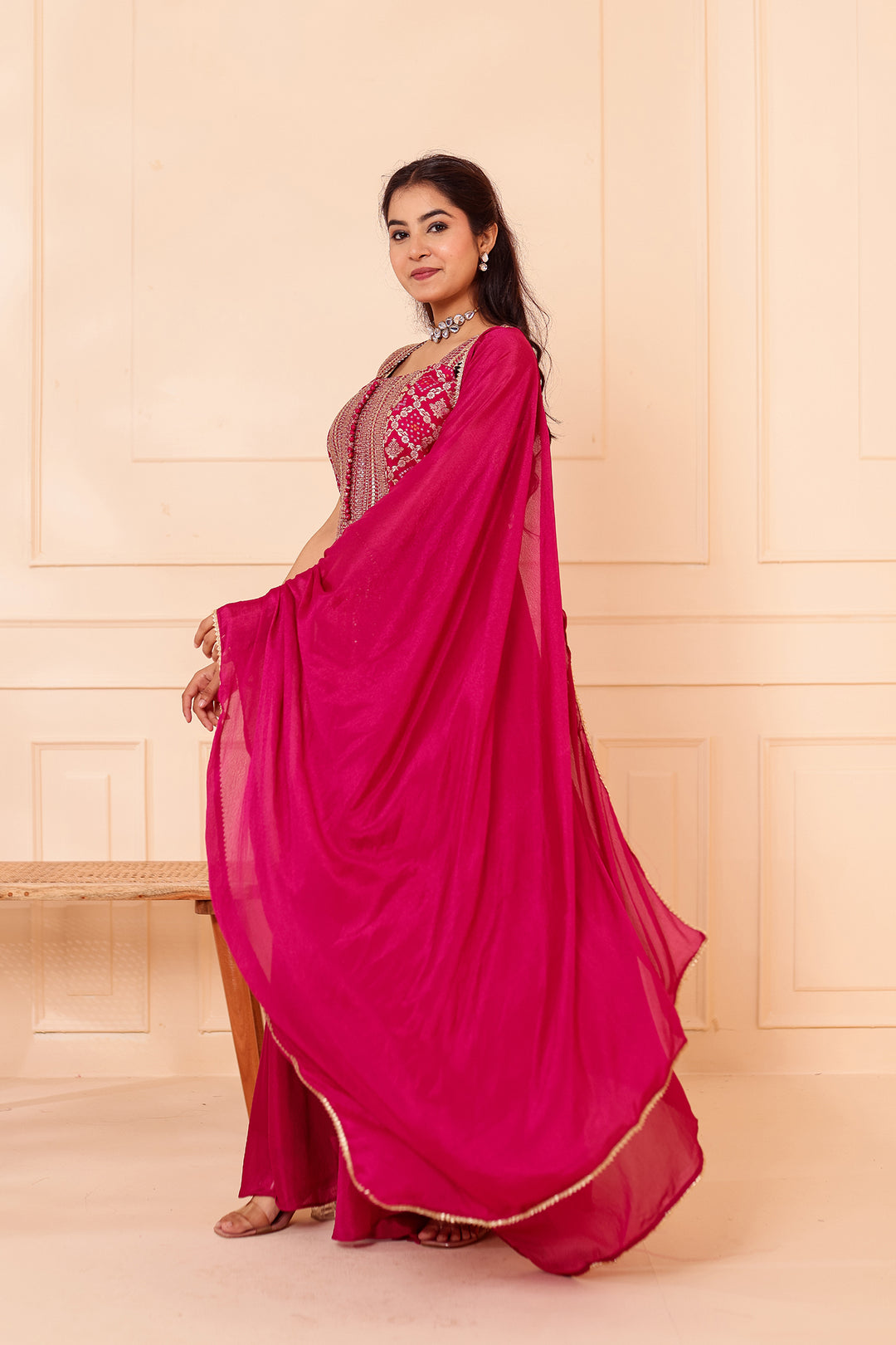 Magenta Bandhani Silk Palazzo Suit.