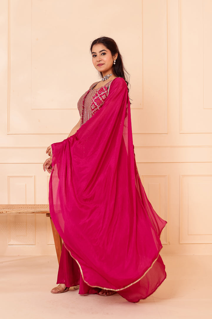 Magenta Bandhani Silk Palazzo Suit.