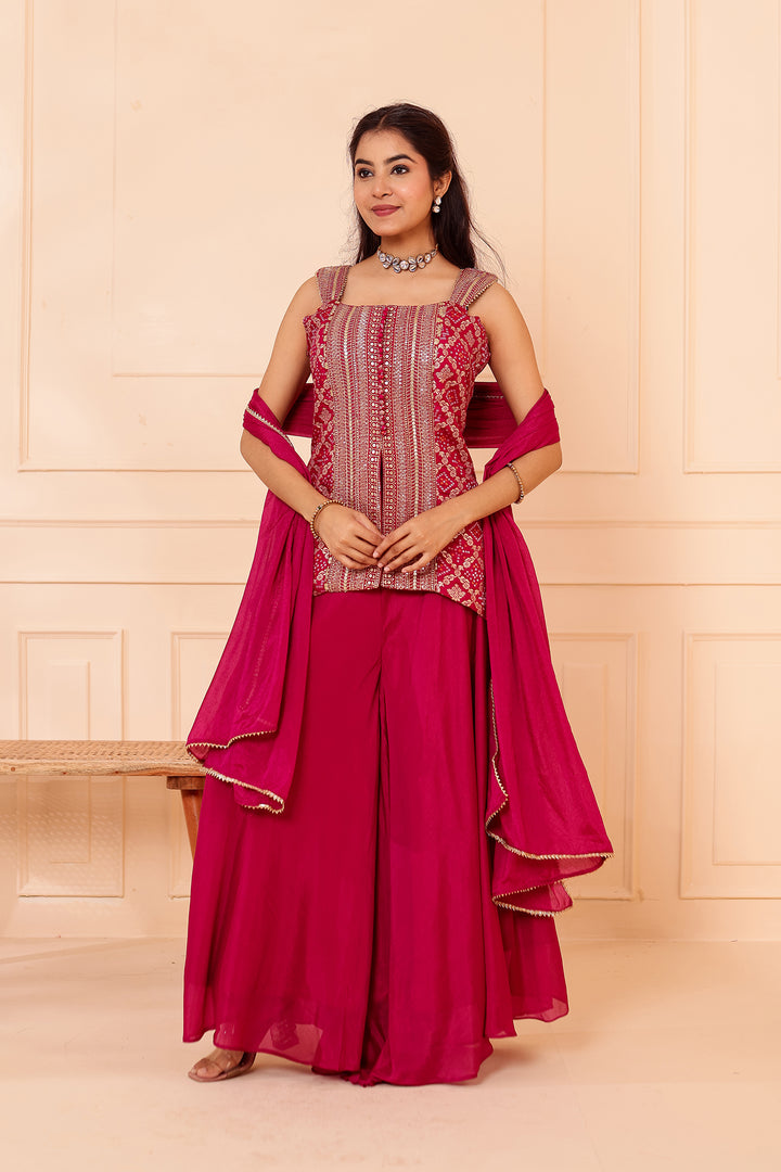Magenta Bandhani Silk Palazzo Suit.