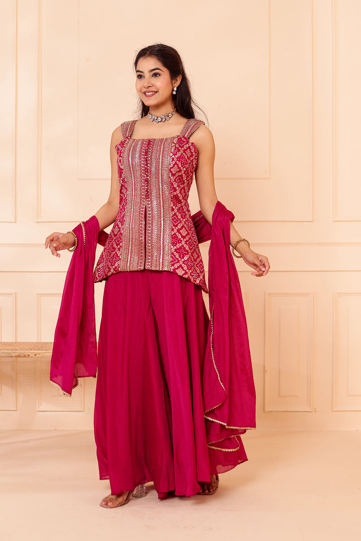 Magenta Bandhani Silk Palazzo Suit.