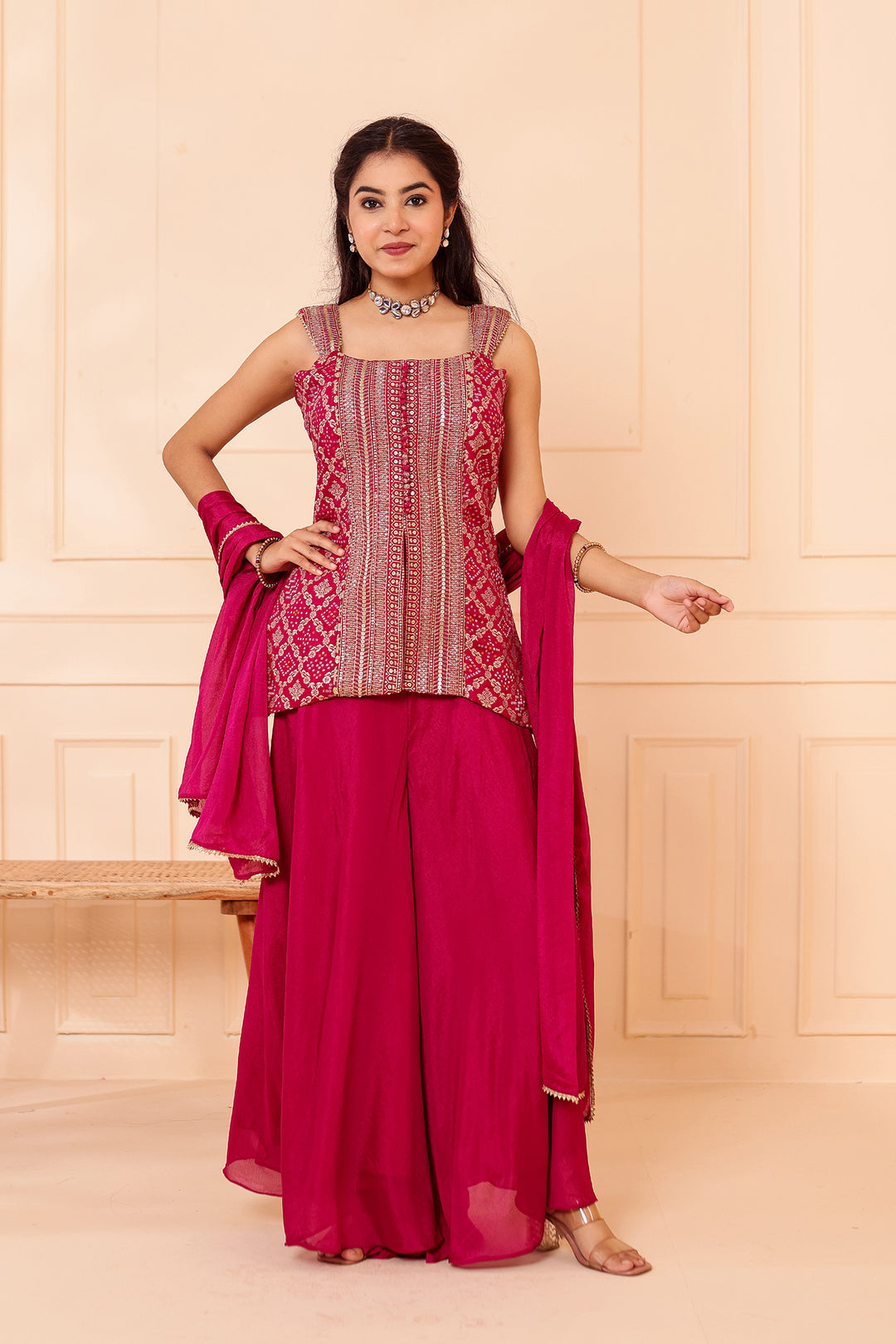 Magenta Bandhani Silk Palazzo Suit.