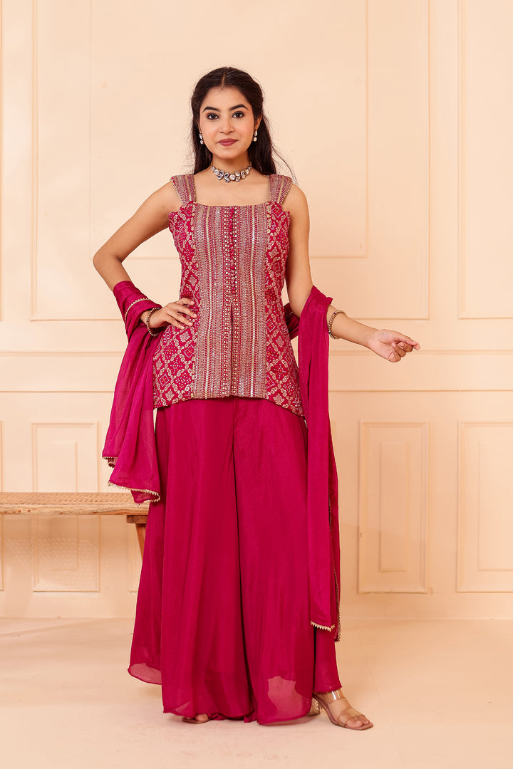 Magenta Bandhani Silk Palazzo Suit.