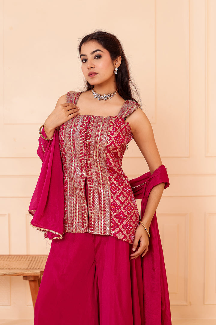 Magenta Bandhani Silk Palazzo Suit.