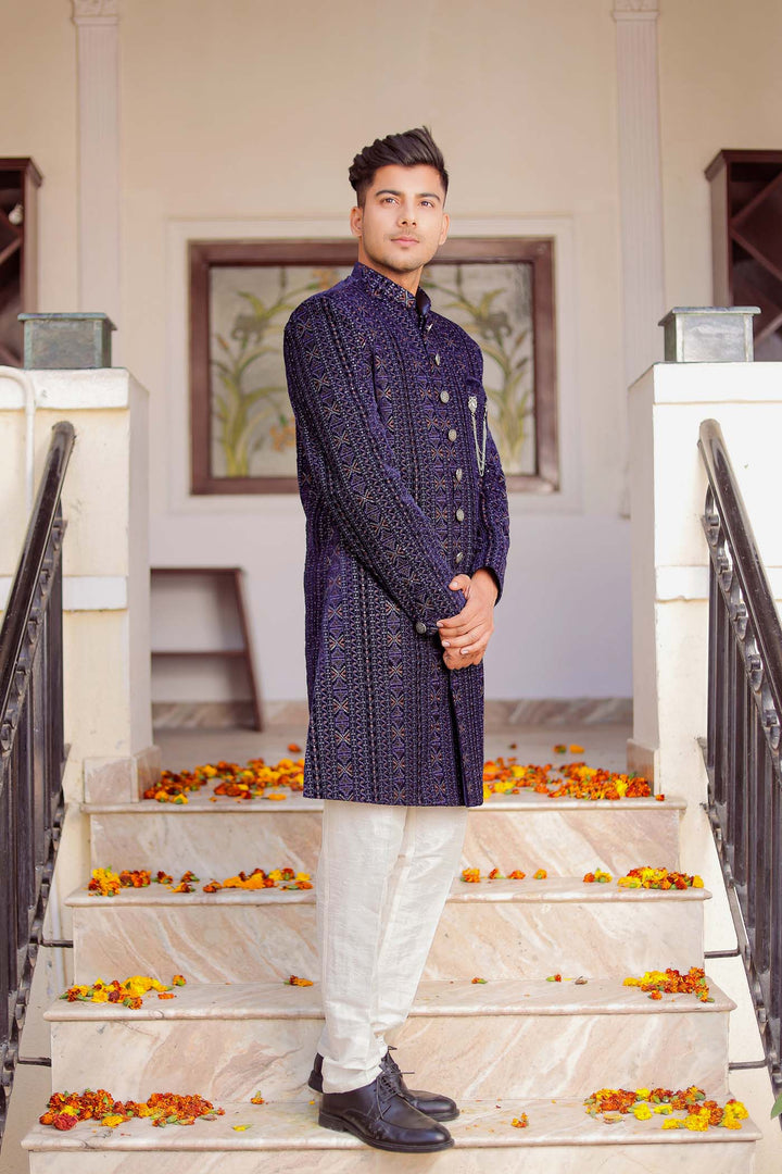 Navy Blue Velvet Indo-western Suit With Threadwork And Sequins