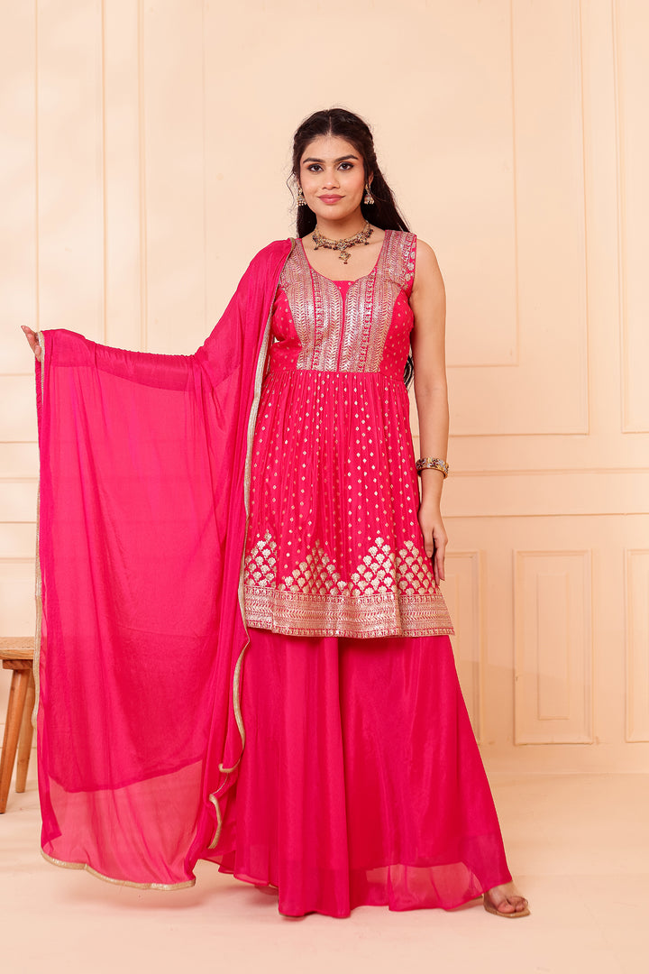 Fusia Pink Banarsi Flared Palazzo Suit.