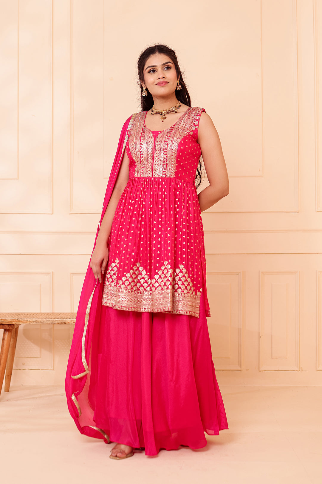 Fusia Pink Banarsi Flared Palazzo Suit.