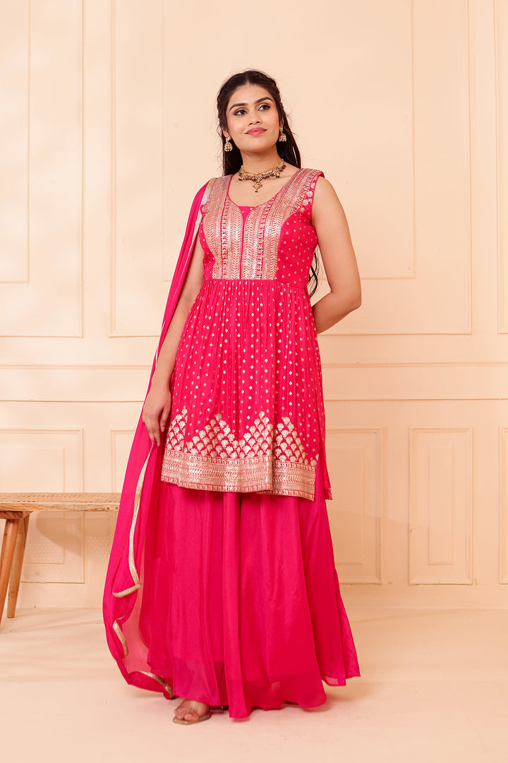 Fusia Pink Banarsi Flared Palazzo Suit.