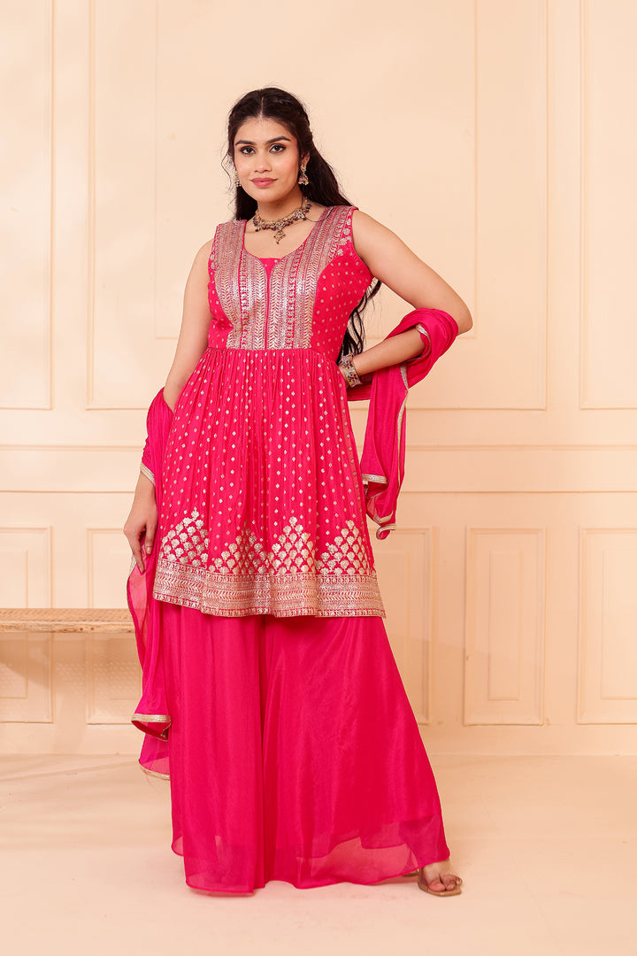 Fusia Pink Banarsi Flared Palazzo Suit.