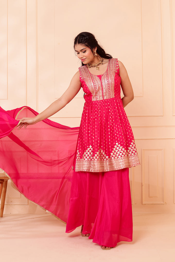 Fusia Pink Banarsi Flared Palazzo Suit.