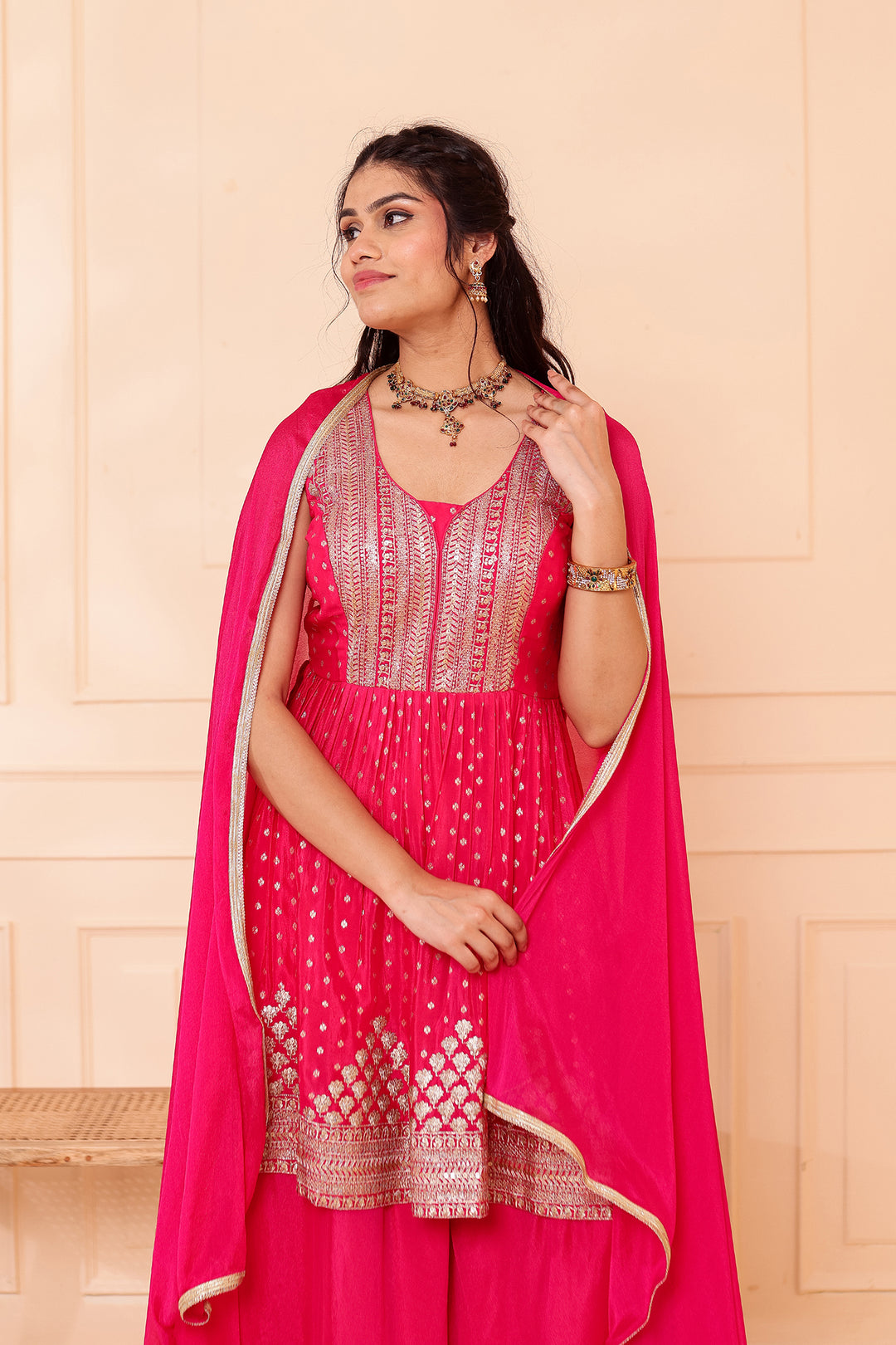 Fusia Pink Banarsi Flared Palazzo Suit.