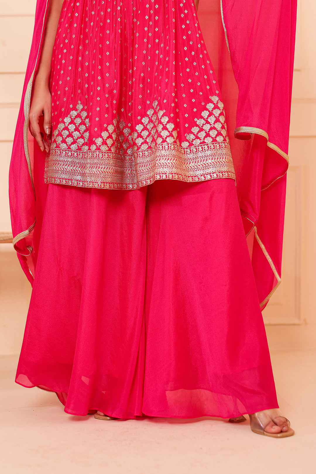 Fusia Pink Banarsi Flared Palazzo Suit.