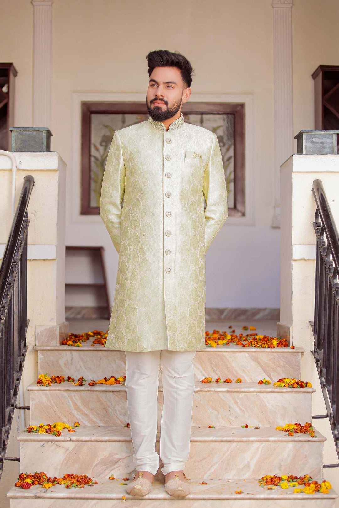 Mint Green Brocade Silk Indo-Western Suit