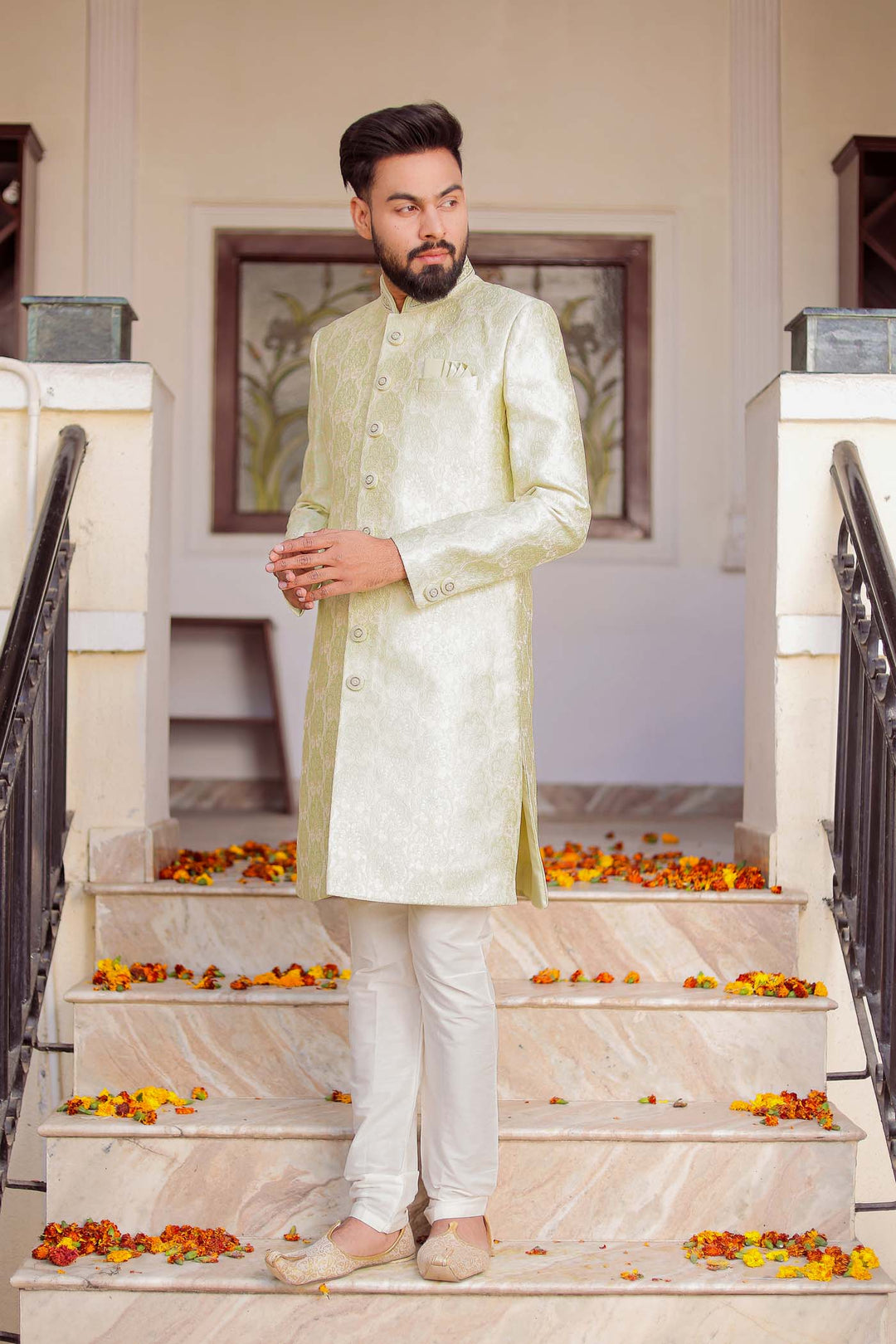 Mint Green Brocade Silk Indo-Western Suit