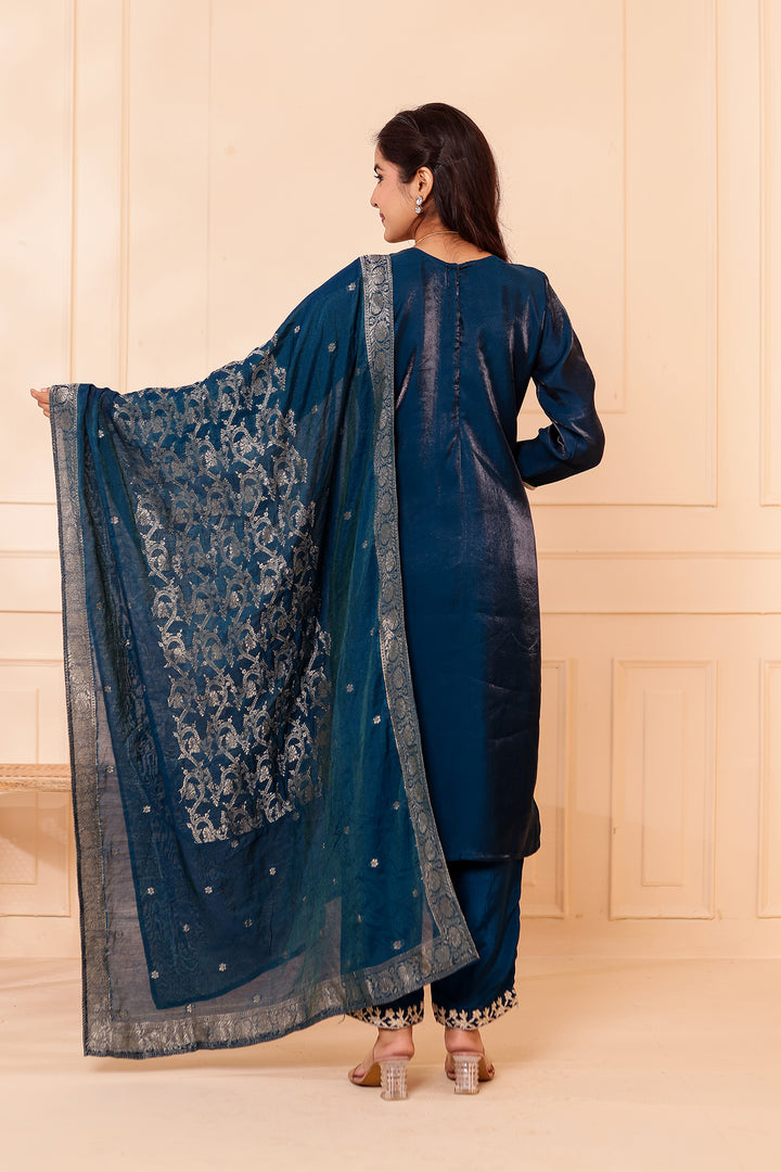 Peacock Blue Soft Shimmer Silk Straight Cut Kurta Set.