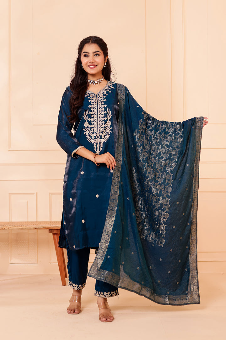 Peacock Blue Soft Shimmer Silk Straight Cut Kurta Set.