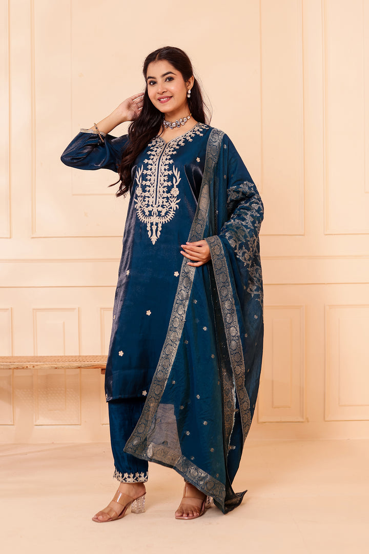 Peacock Blue Soft Shimmer Silk Straight Cut Kurta Set.