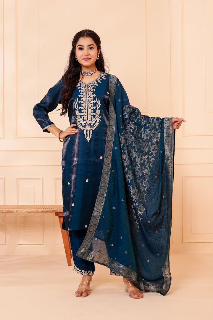 Peacock Blue Soft Shimmer Silk Straight Cut Kurta Set.