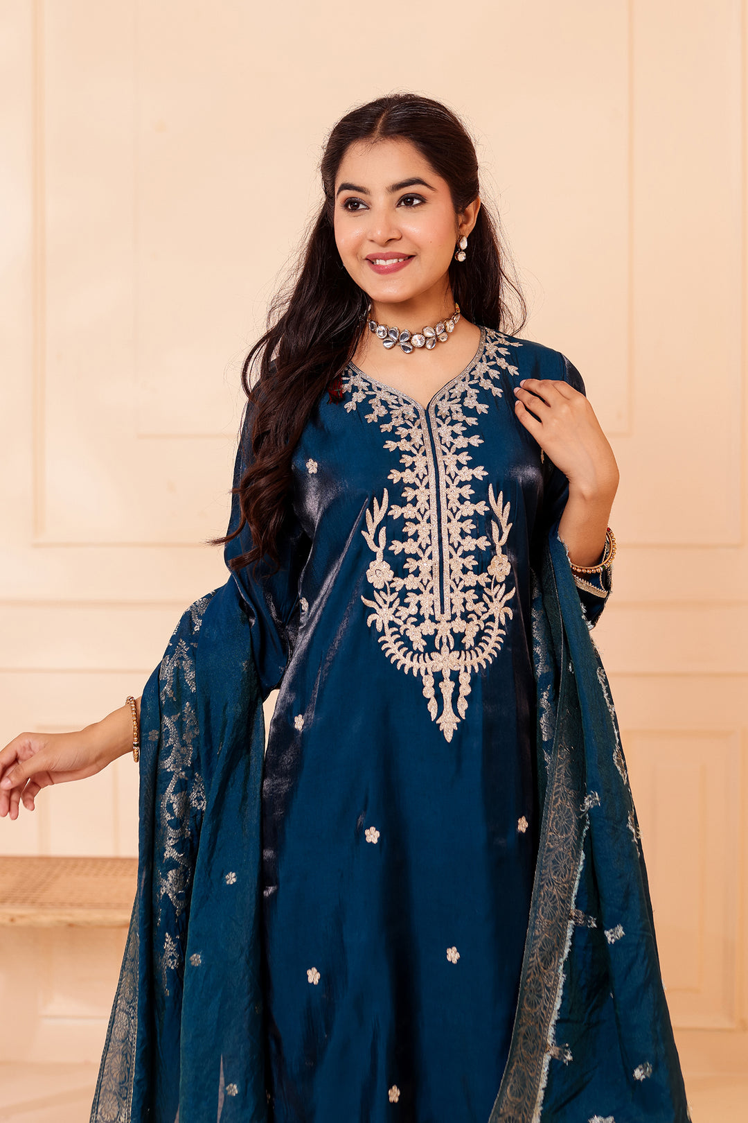 Peacock Blue Soft Shimmer Silk Straight Cut Kurta Set.