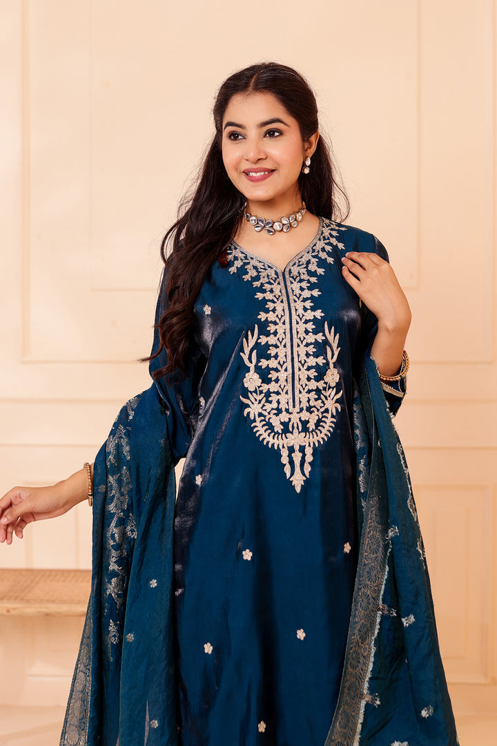 Peacock Blue Soft Shimmer Silk Straight Cut Kurta Set.