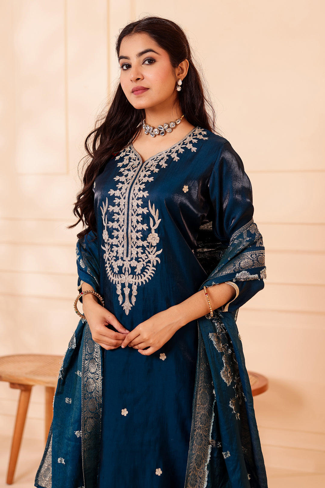 Peacock Blue Soft Shimmer Silk Straight Cut Kurta Set.