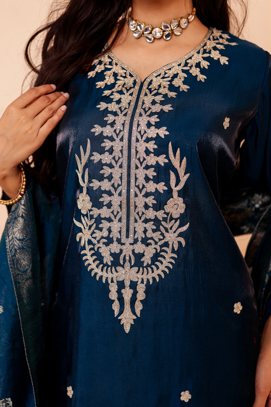 Peacock Blue Soft Shimmer Silk Straight Cut Kurta Set.