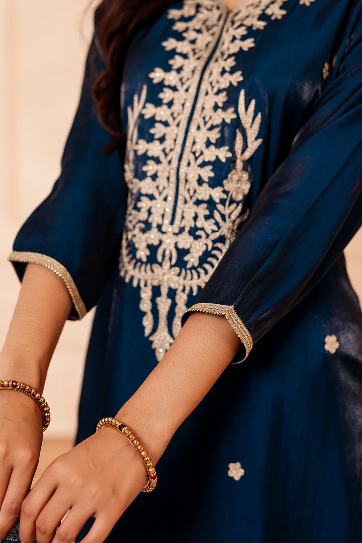 Peacock Blue Soft Shimmer Silk Straight Cut Kurta Set.