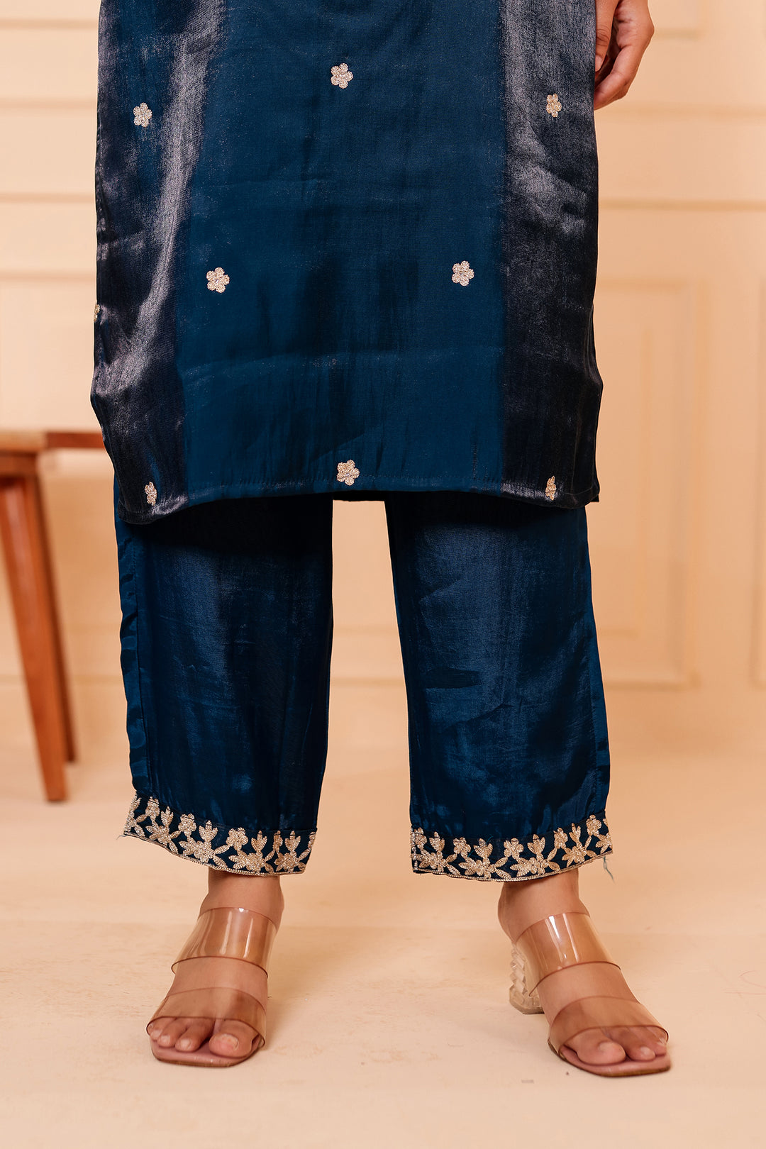 Peacock Blue Soft Shimmer Silk Straight Cut Kurta Set.