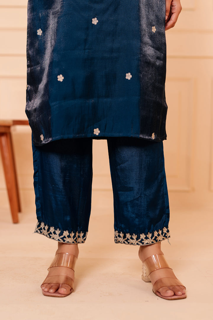 Peacock Blue Soft Shimmer Silk Straight Cut Kurta Set.