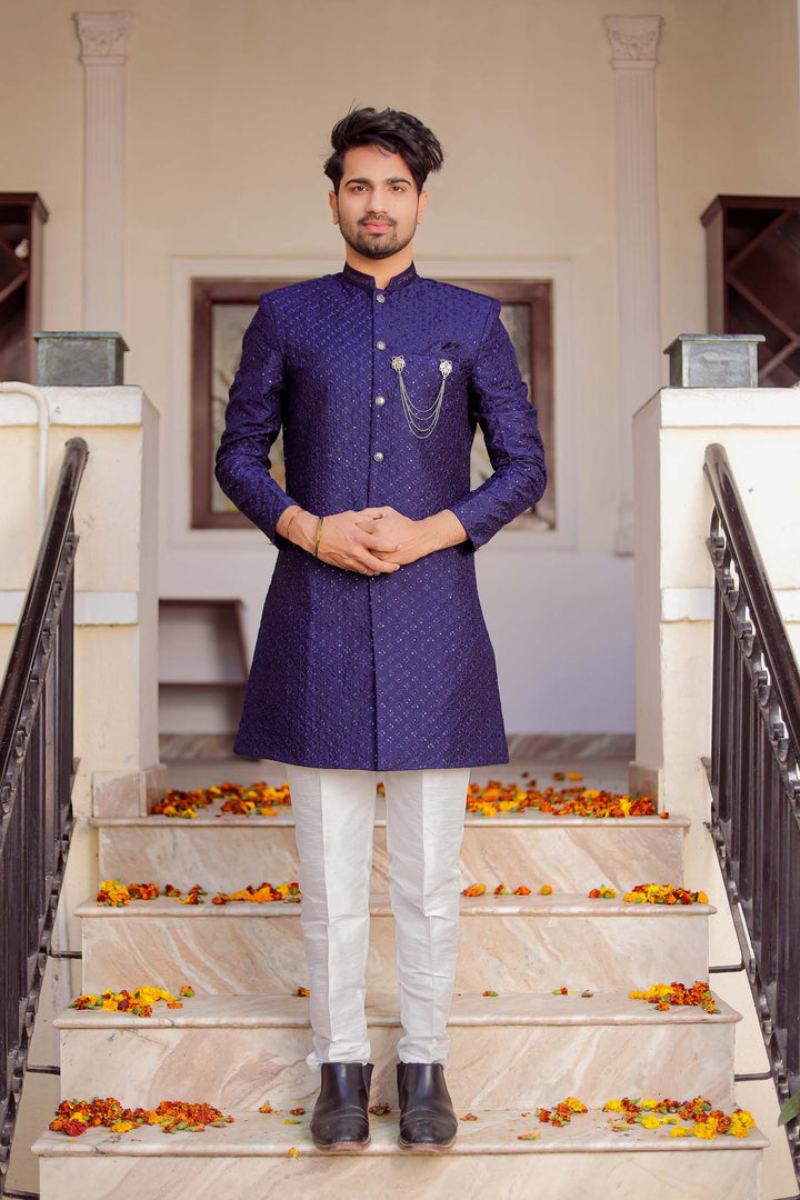 Navy Blue Lucknowi Silk Indo-western Suit