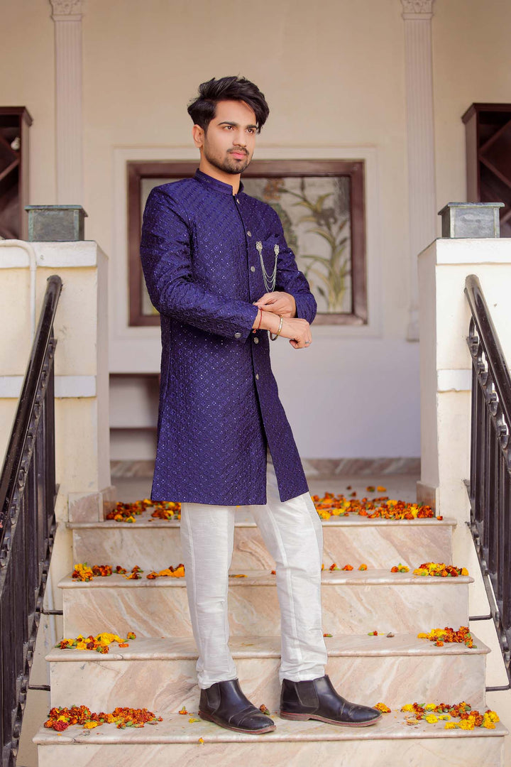 Navy Blue Lucknowi Silk Indo-western Suit