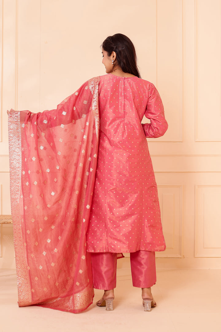 Pink Straight Cut Tissue Butti Suit.
