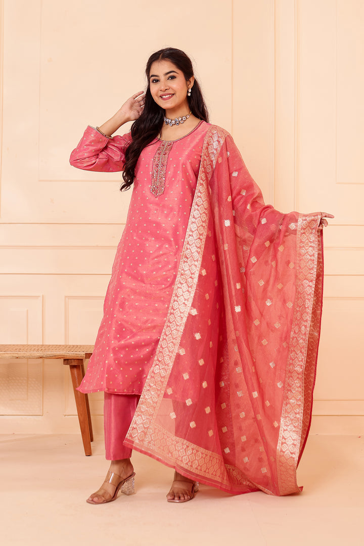 Pink Straight Cut Tissue Butti Suit.