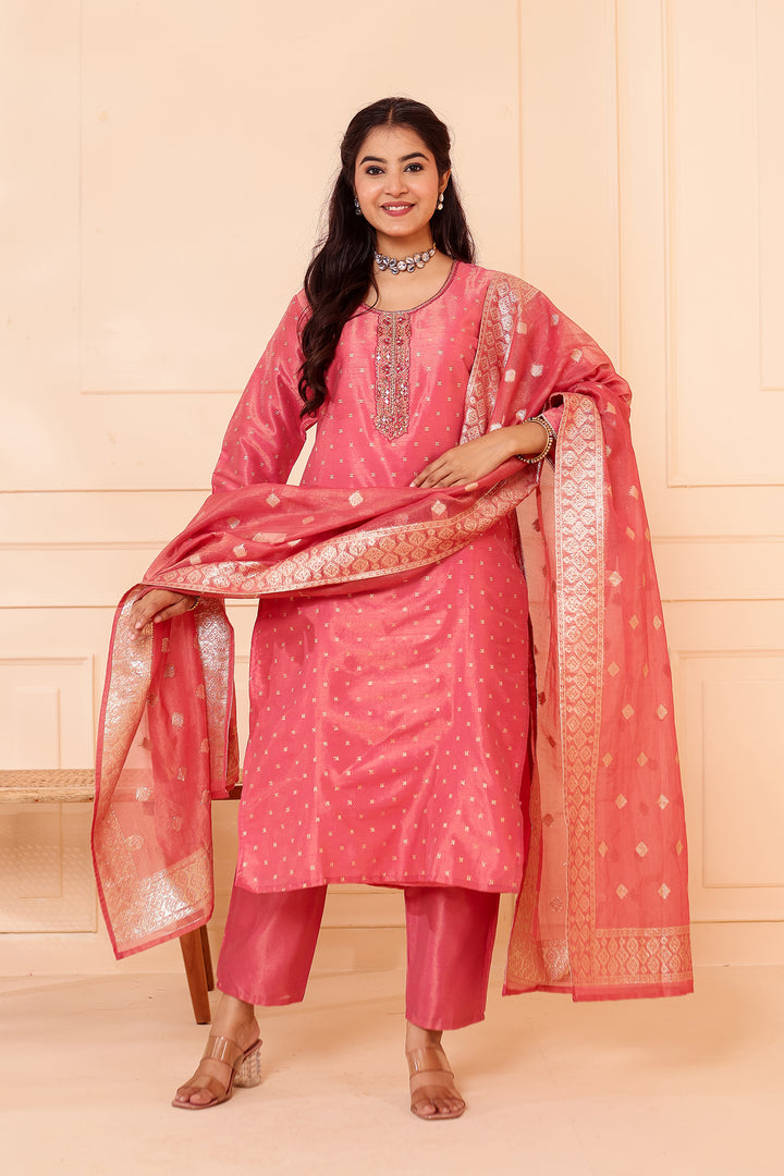 Pink Straight Cut Tissue Butti Suit.