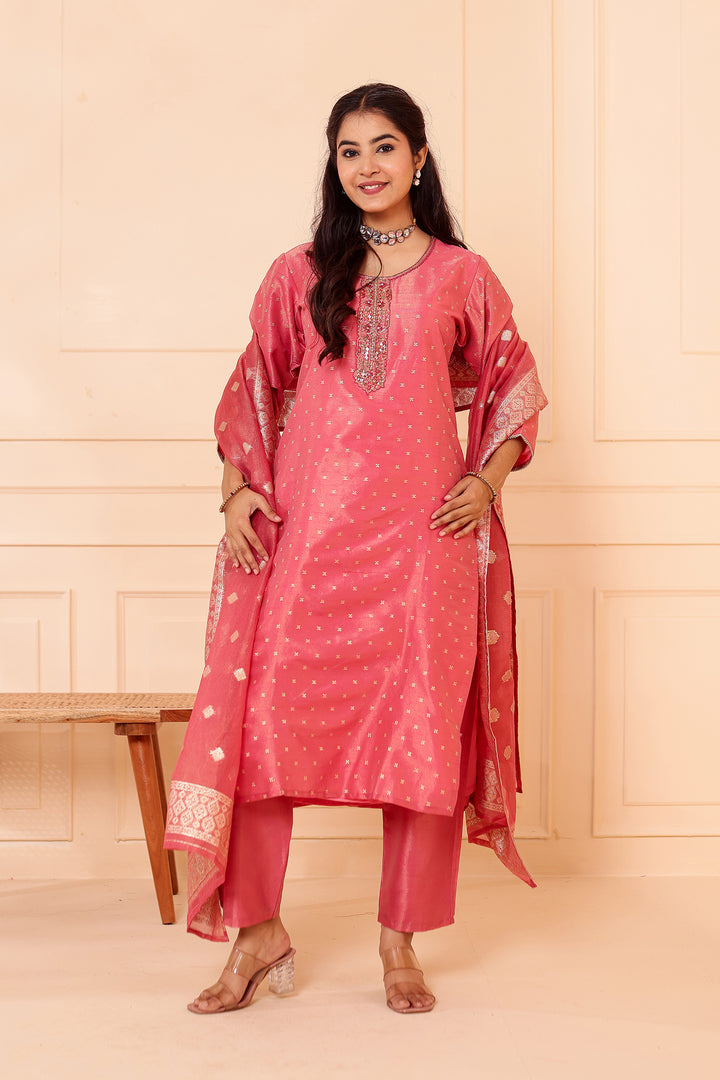 Pink Straight Cut Tissue Butti Suit.