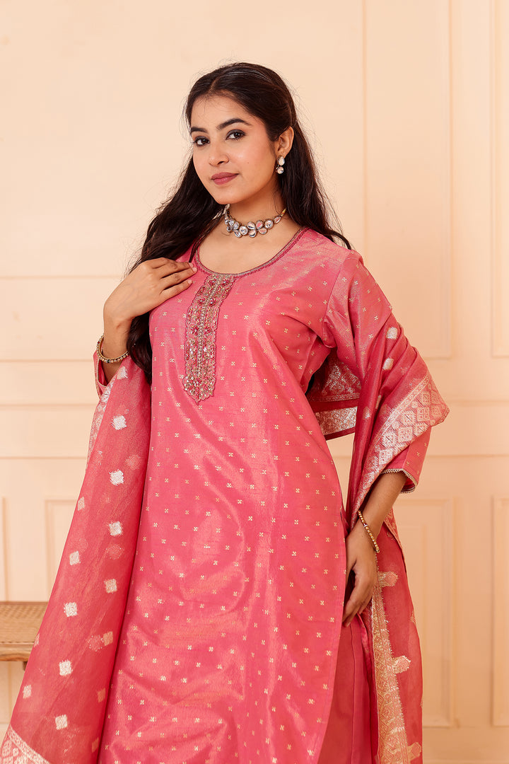 Pink Straight Cut Tissue Butti Suit.