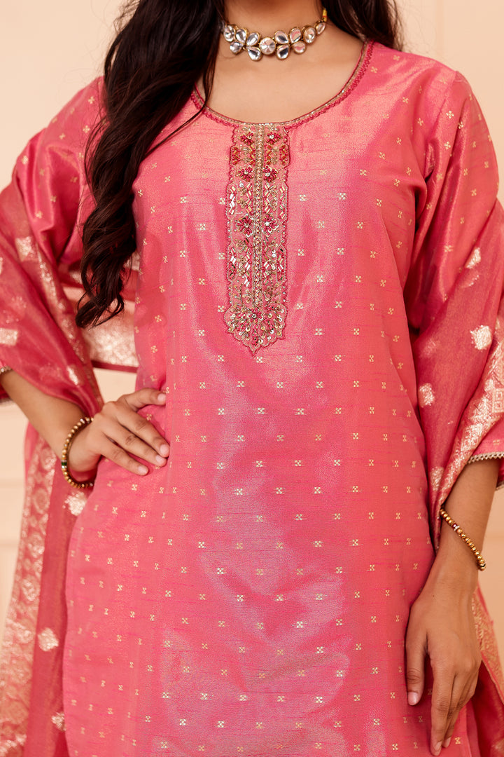 Pink Straight Cut Tissue Butti Suit.