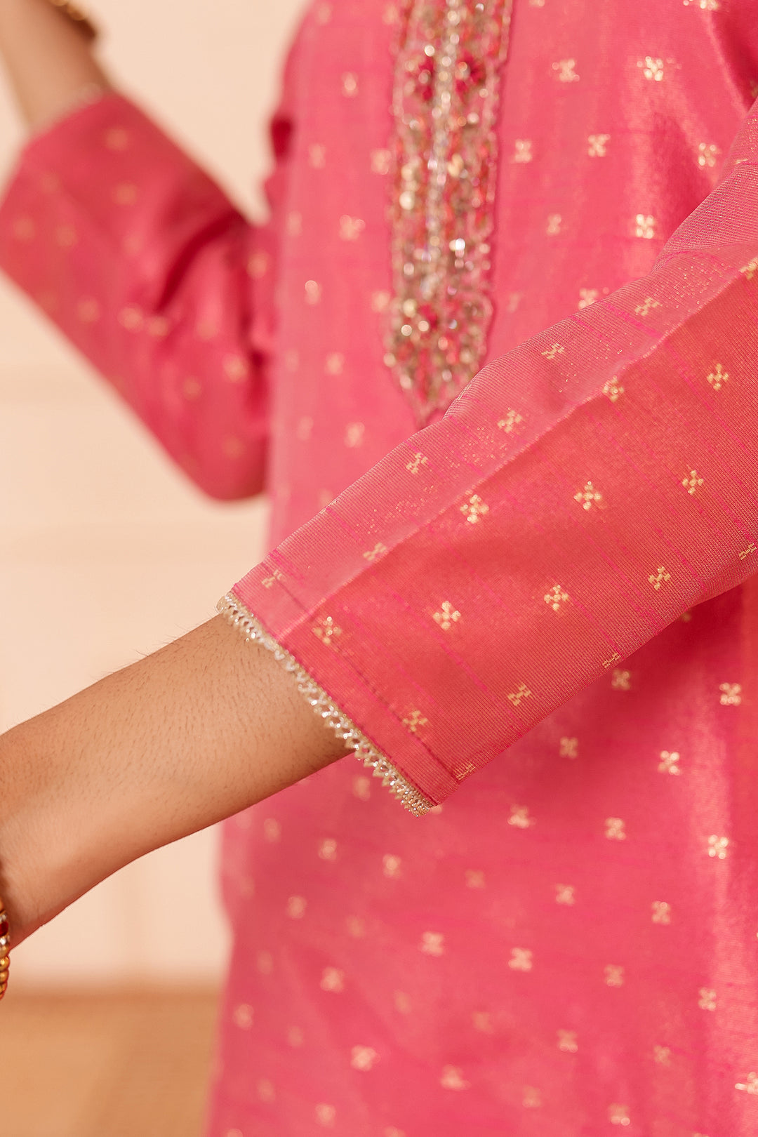 Pink Straight Cut Tissue Butti Suit.
