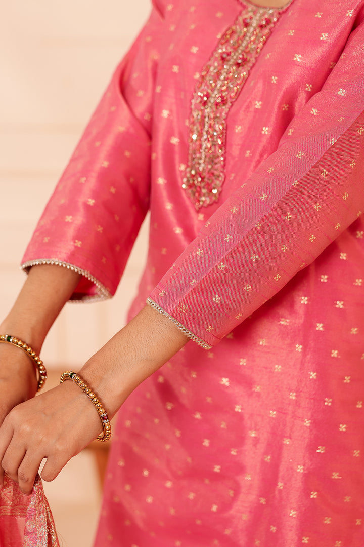 Pink Straight Cut Tissue Butti Suit.