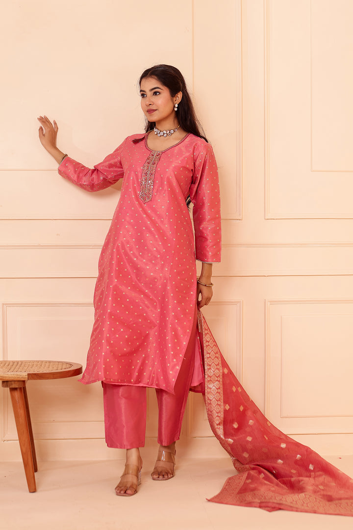 Pink Straight Cut Tissue Butti Suit.