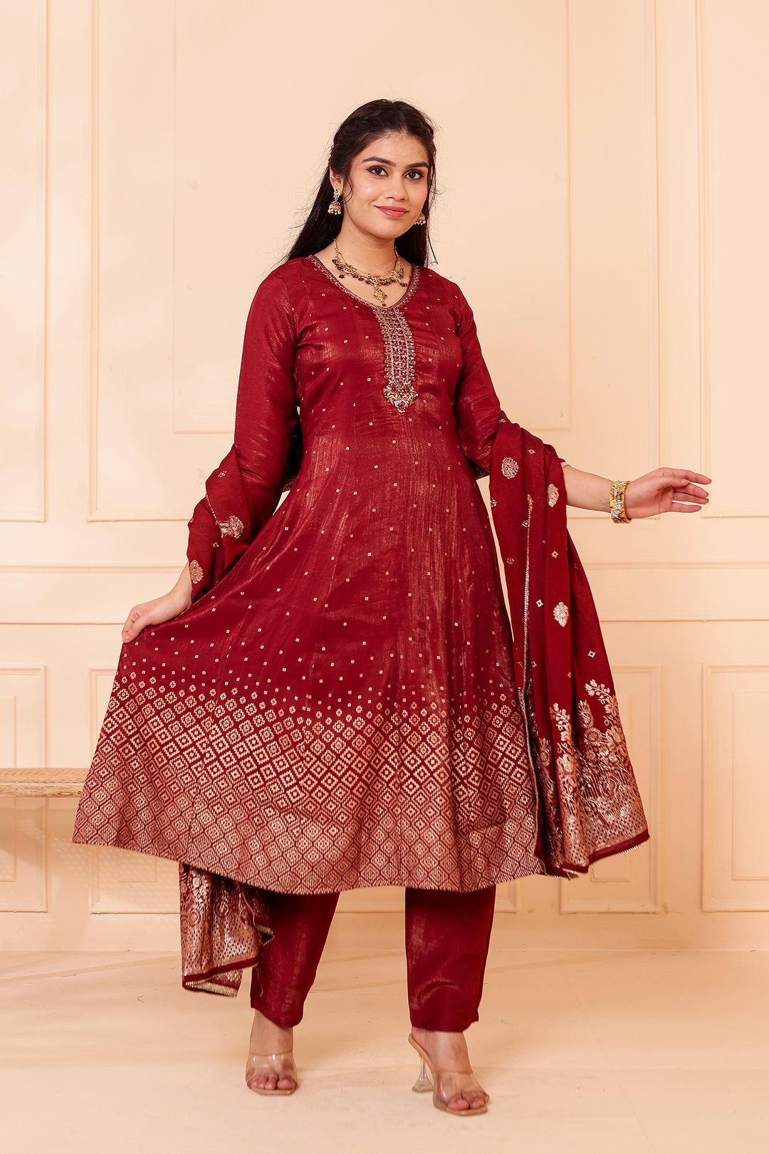 Burgundy Gajji Silk Anarkali Suit.