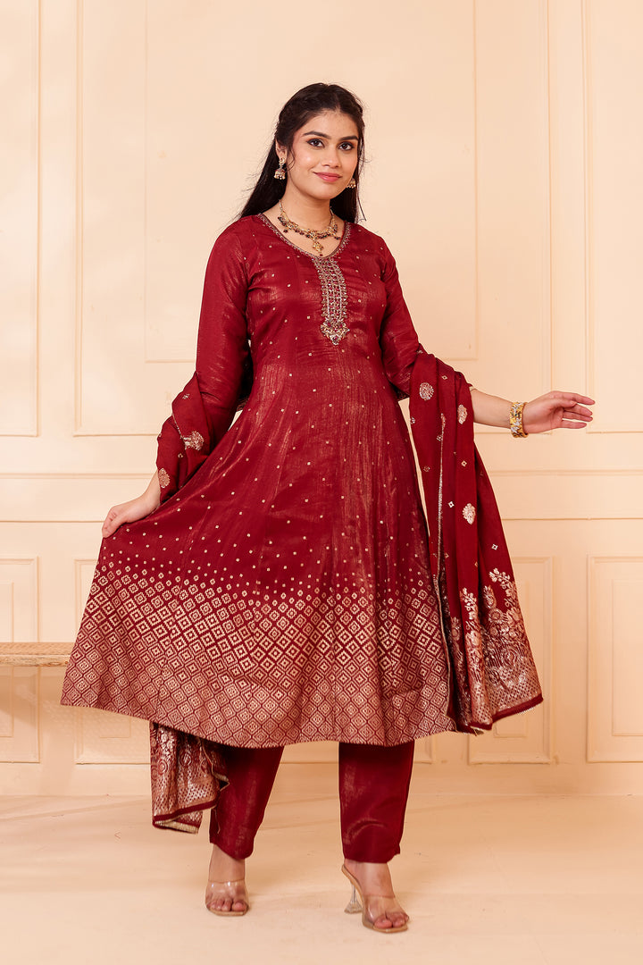 Burgundy Gajji Silk Anarkali Suit.