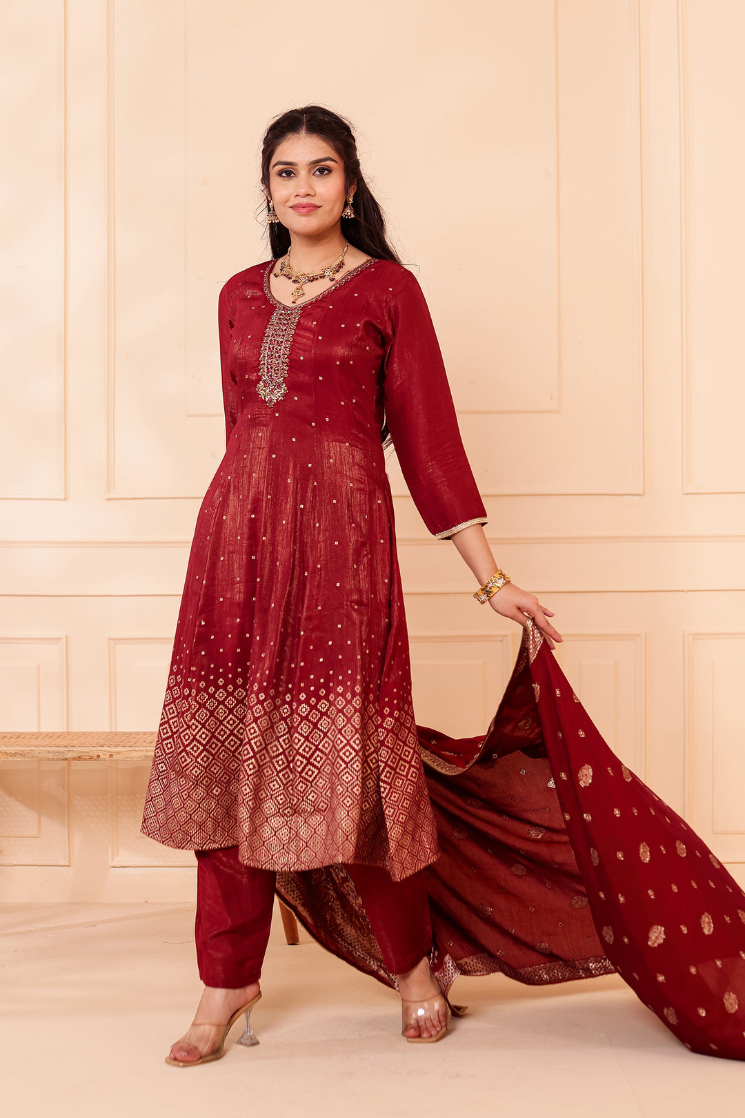 Burgundy Gajji Silk Anarkali Suit.